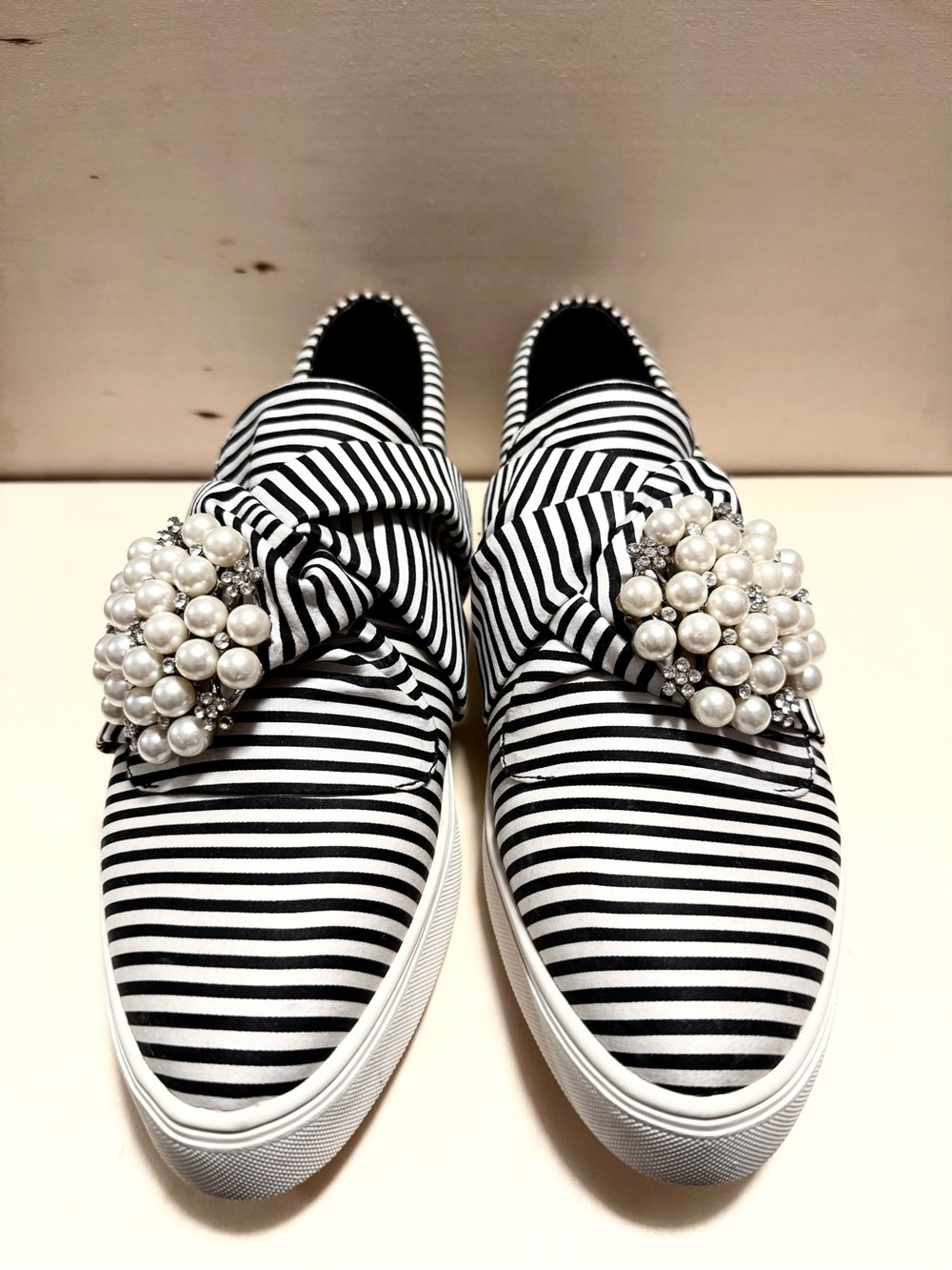 Black & White Striped Pearl-Embellished Slip-On Sneakers - Women